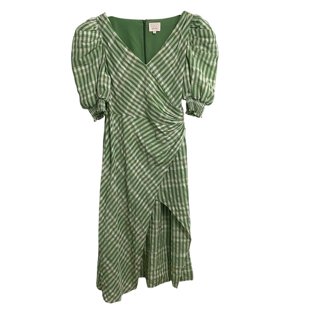 Cinq à Sept Midi Dress Women's Green Plaid Gia Puff Sleeve Faux Wrap Size 14